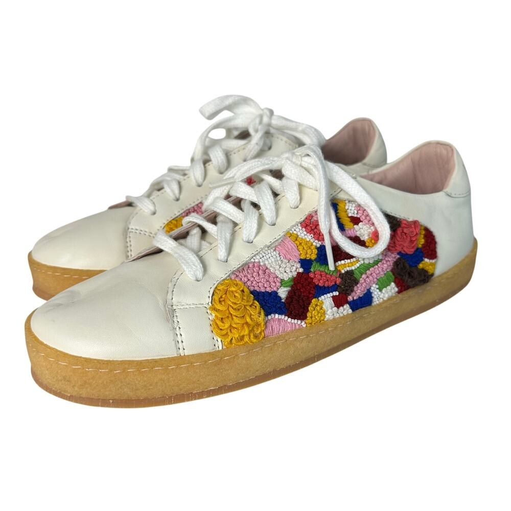 Embroidered White Flats with Multicolor Design